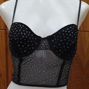 Black Mesh Bustier with Rhinestone Accents
